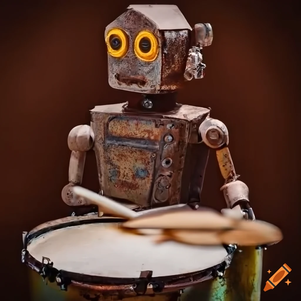 Neon rusty robot playing drums on Craiyon