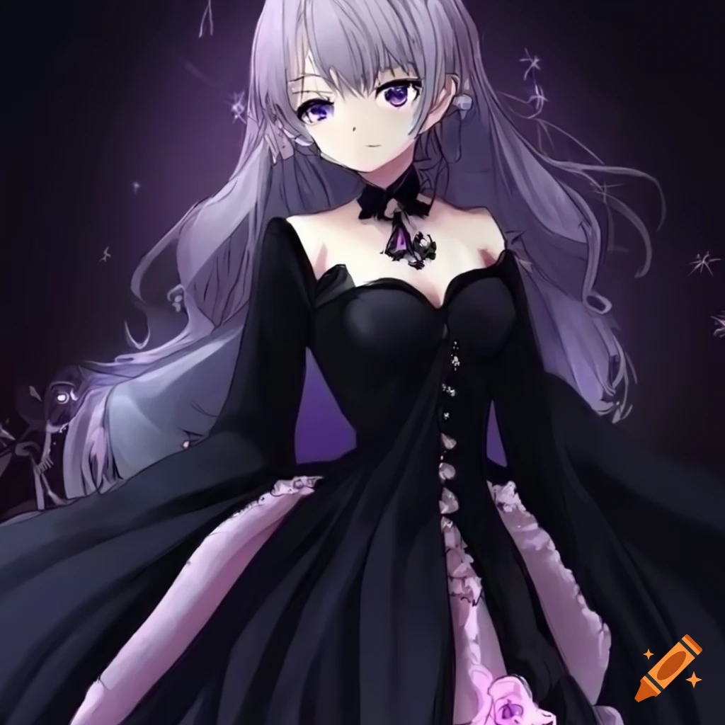 anime queen in black rose-filled gown in rose garden