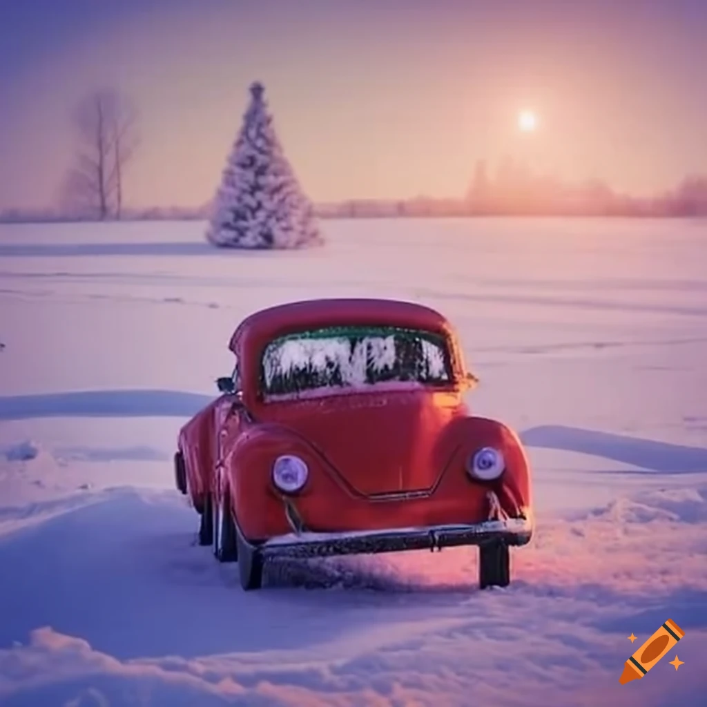 red car driving through a snowy winter wonderland
