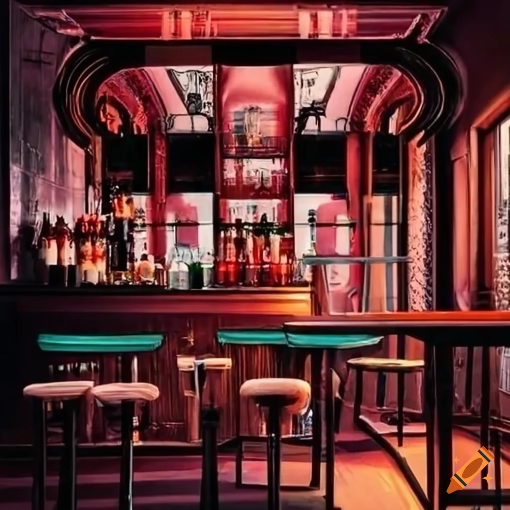 View of a fancy bar with large glass windows on Craiyon