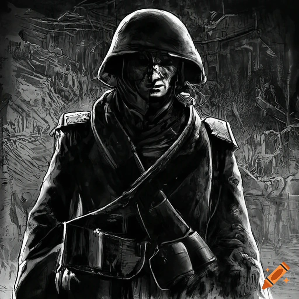 Black and white comic book art of a Finnish soldier in WWII on Craiyon