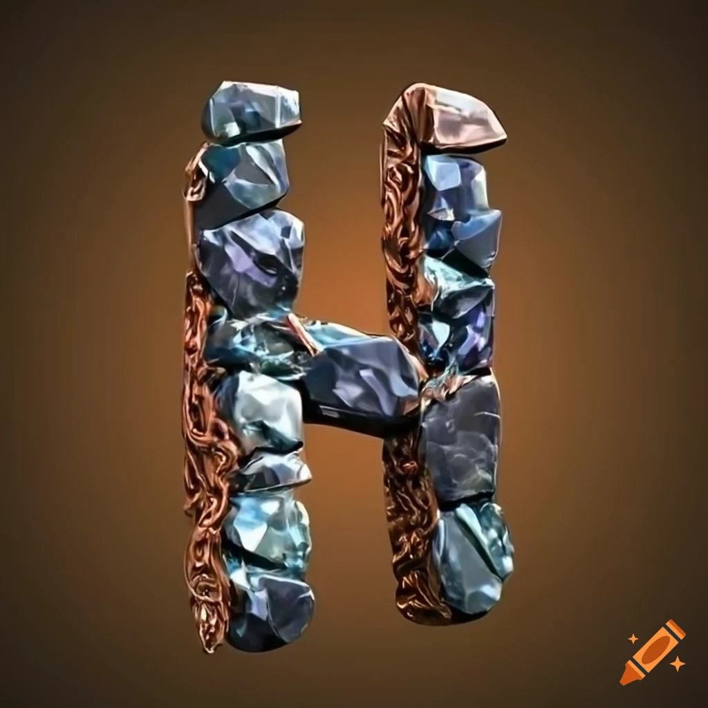 3D obsidian and copper "M" letter on mossy field