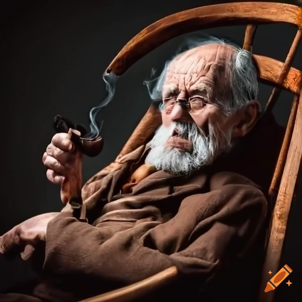 elderly man smoking a pipe in a rocking chair