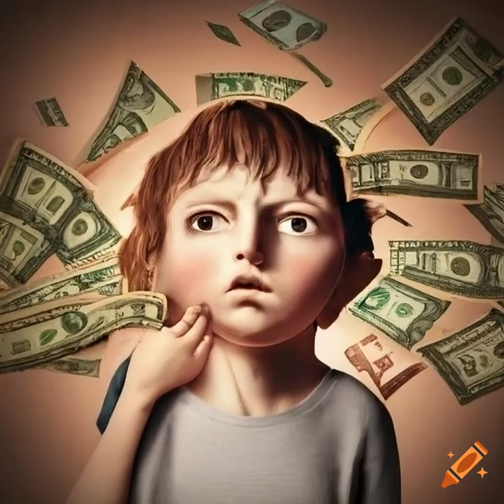 depiction of a child in despair surrounded by money