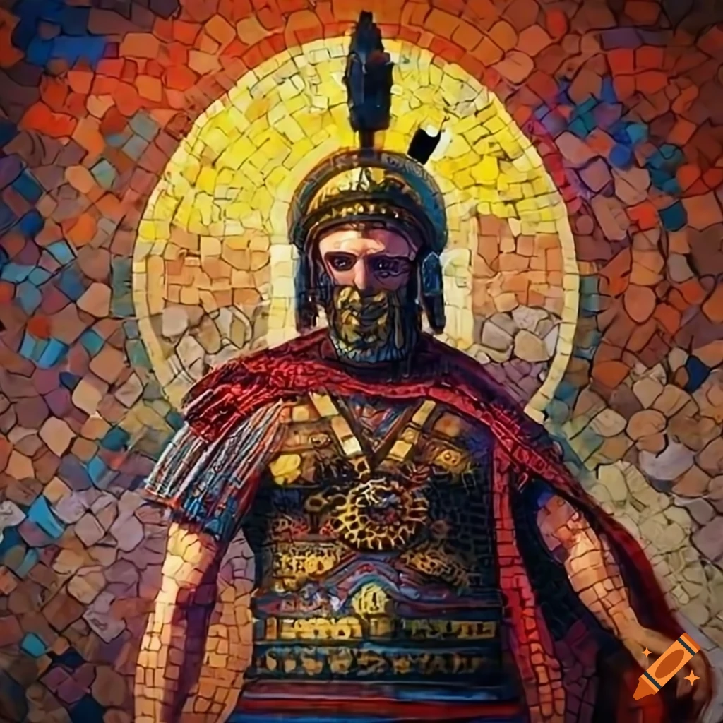 photorealistic mosaic painting of a Pikachu as a Roman warrior