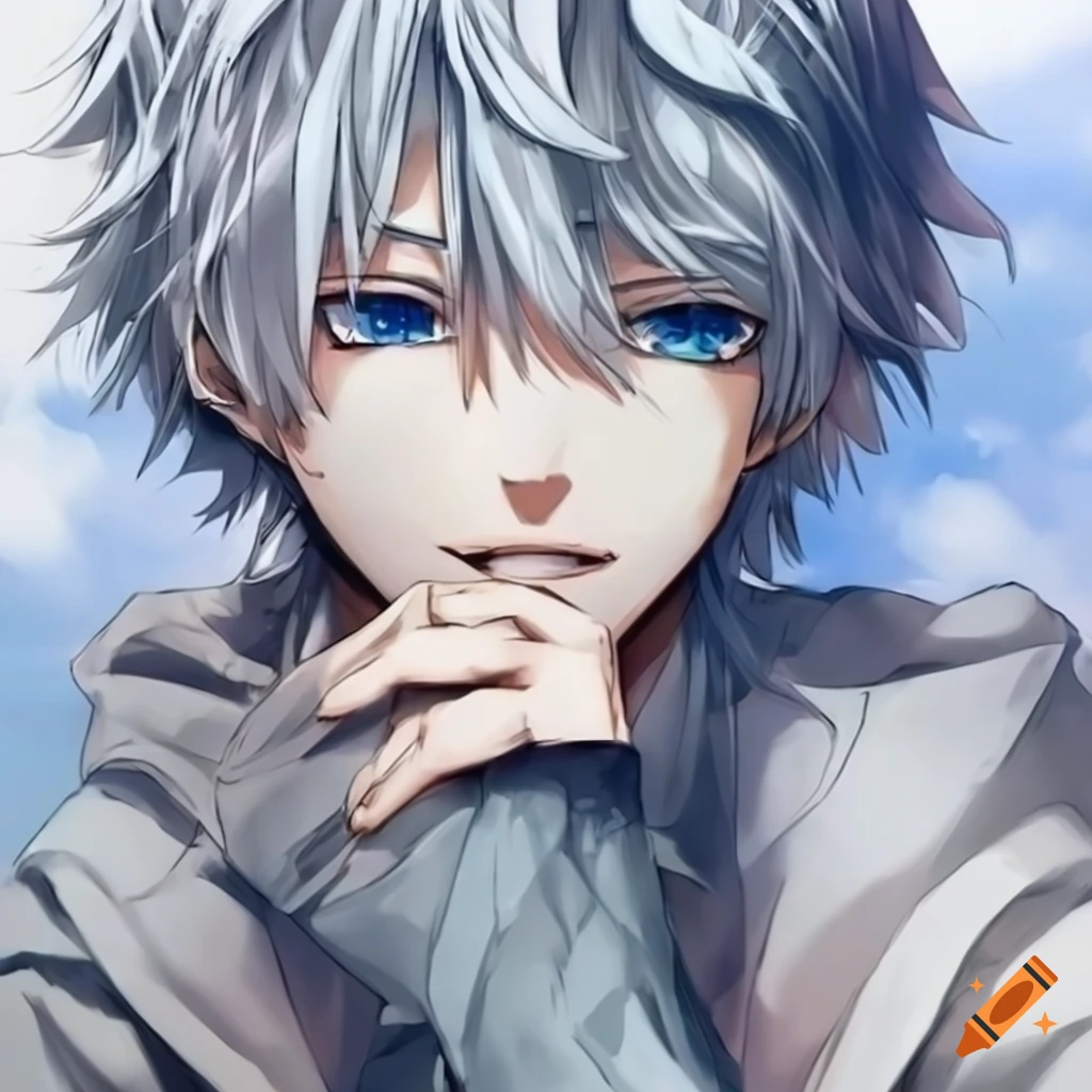 anime character with white hair and blue eyes