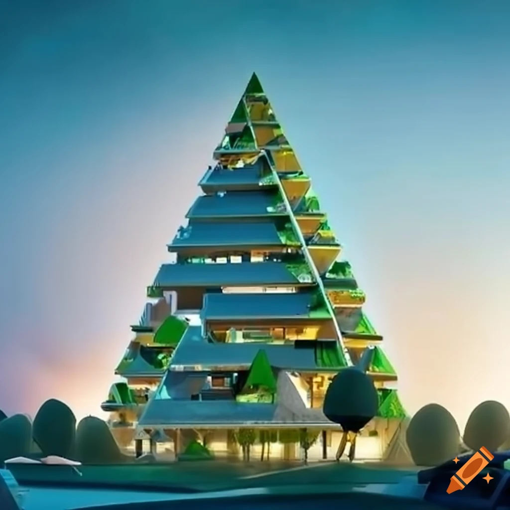Futuristic hexagonal pyramid-shaped residential building on Craiyon