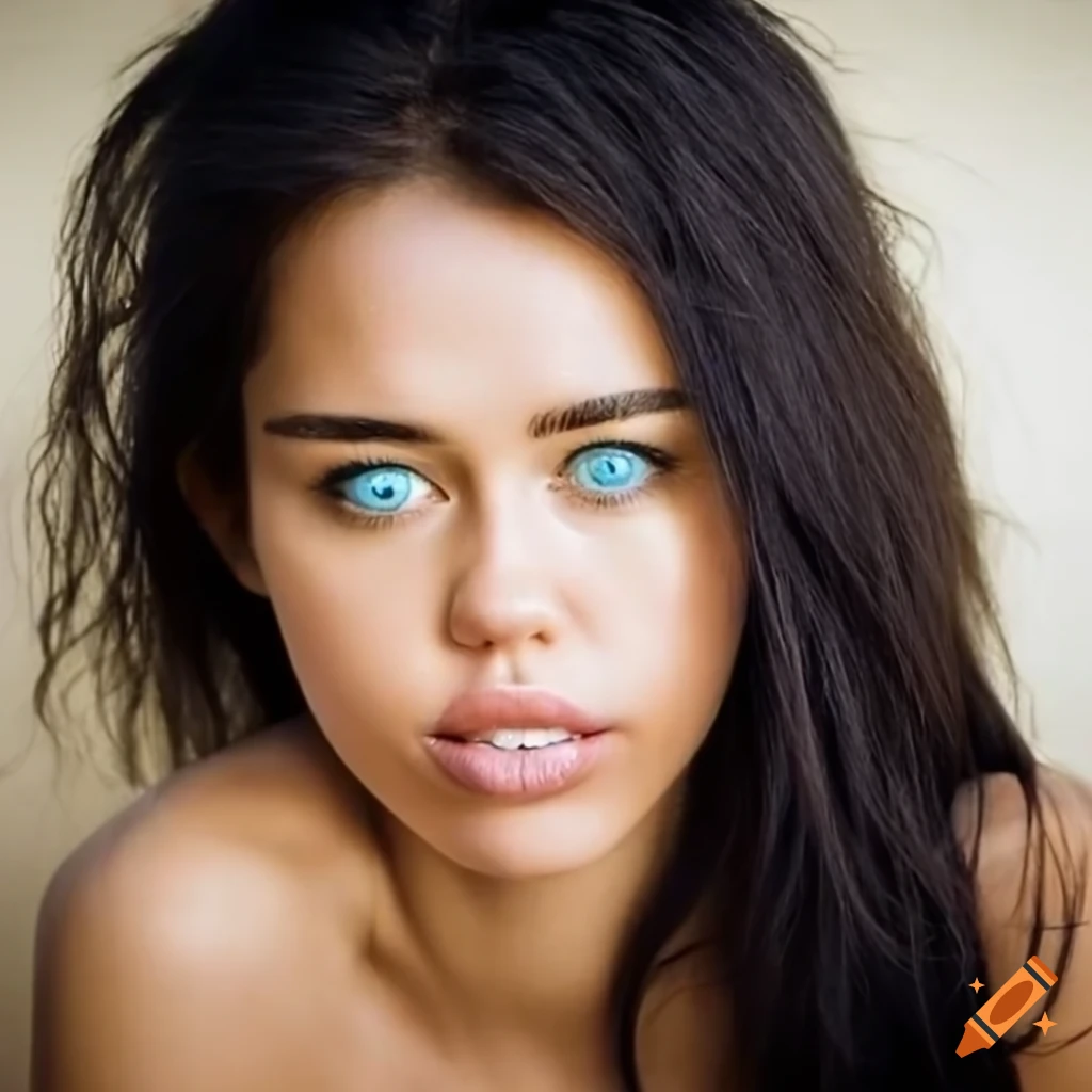 Portrait Of A Beautiful Woman With Tan Skin And Blue Catlike Eyes