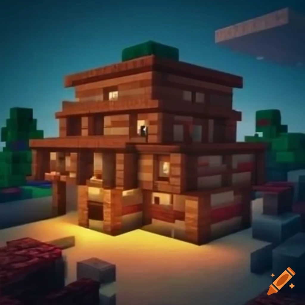 Impressive minecraft house with a brunette girl standing beside