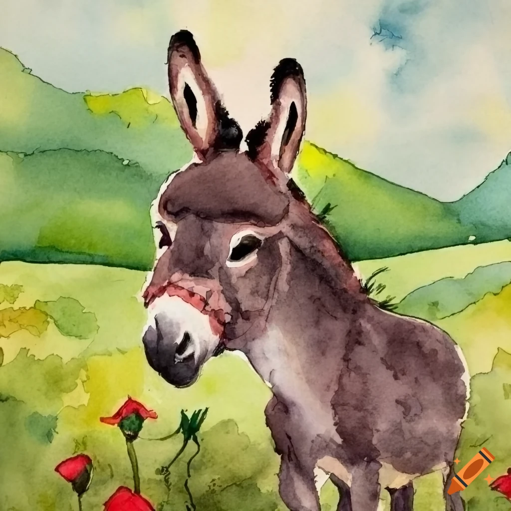 Watercolor of a donkey sleeping on a red rose in a beautiful landscape