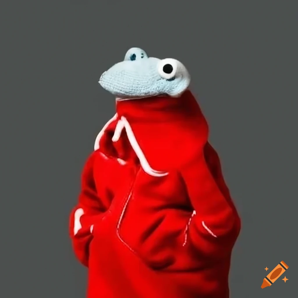Sock puppet wearing a red tracksuit with teeth on Craiyon