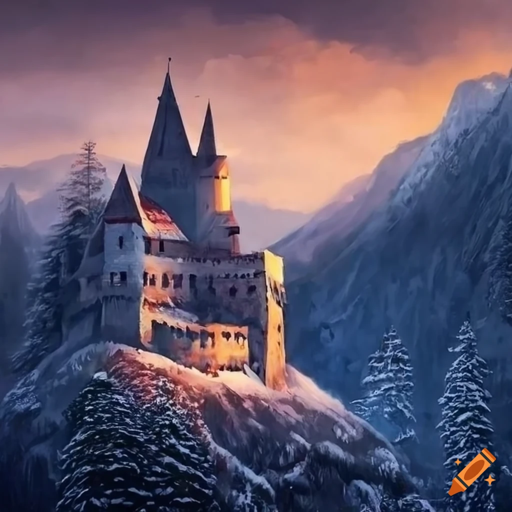 Oil painting of a medieval european castle in the alps mountains on Craiyon