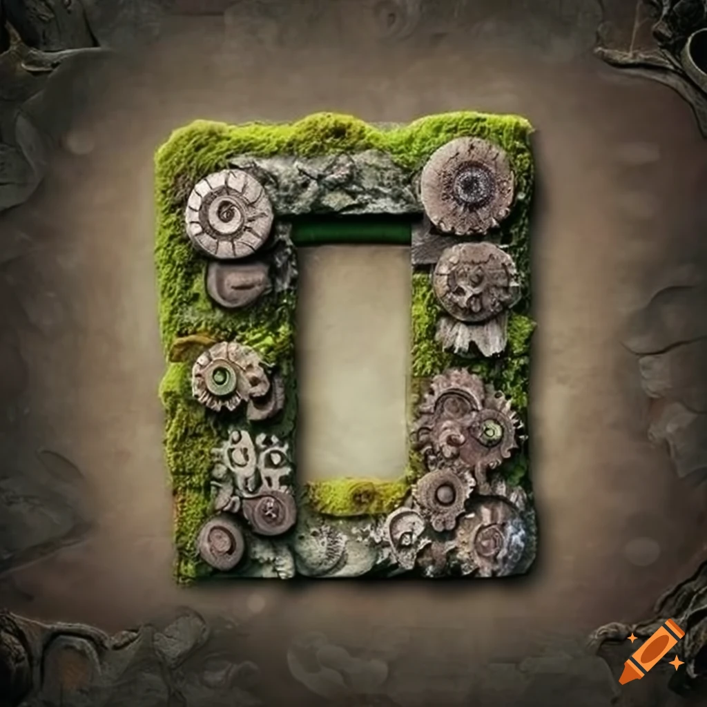 steampunk letter "A" on moss-covered stone