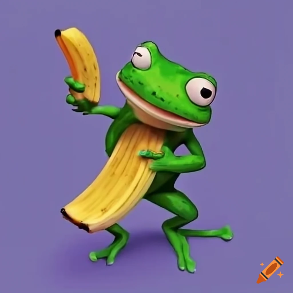Funny ninja frog eating bananas