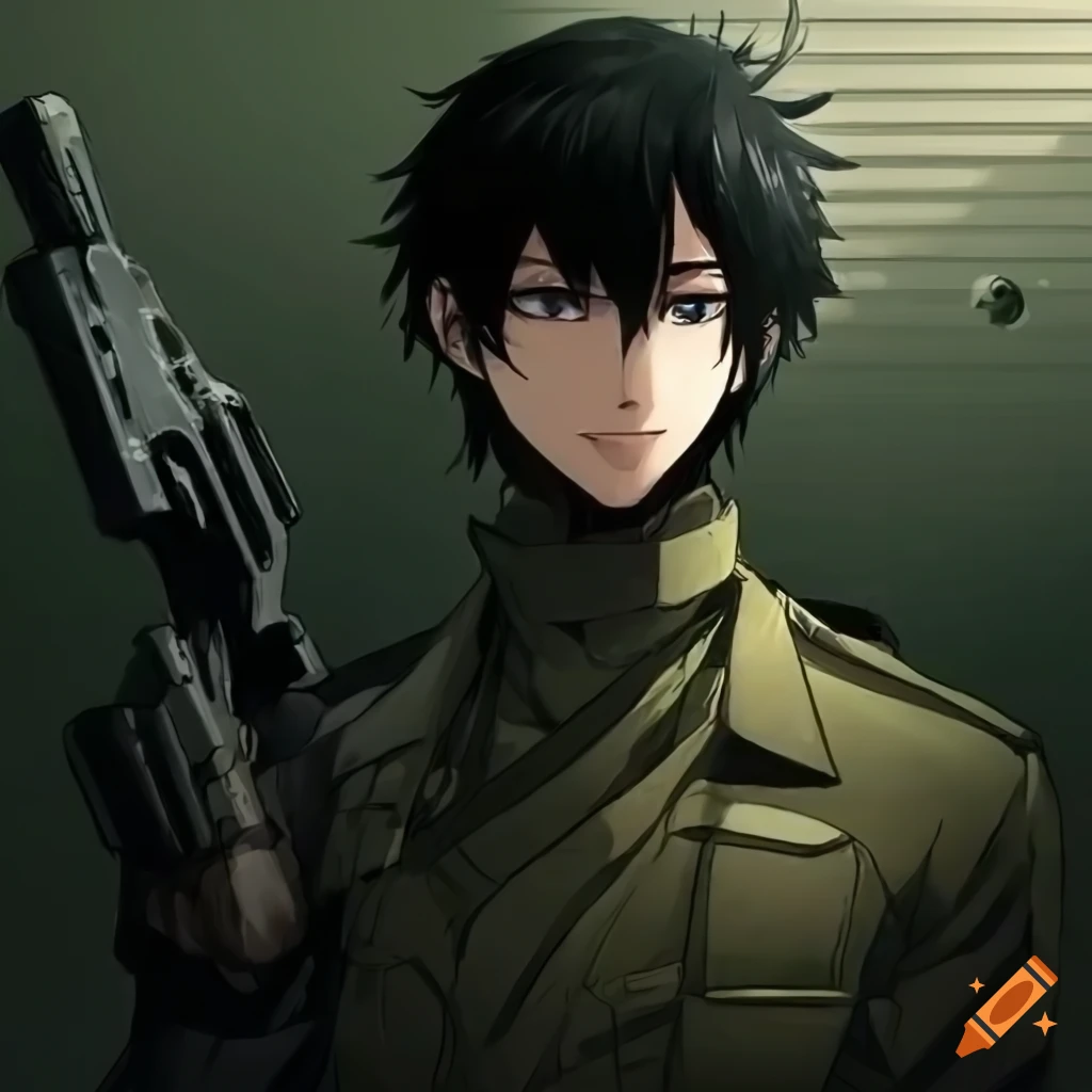 anime character with black hair and green eyes