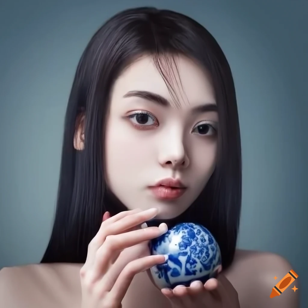 woman holding a blue and white Chinese porcelain egg