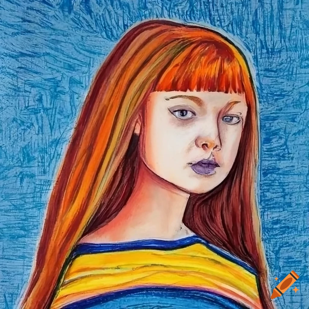 crayon drawing of a young girl with red hair against an industrial landscape