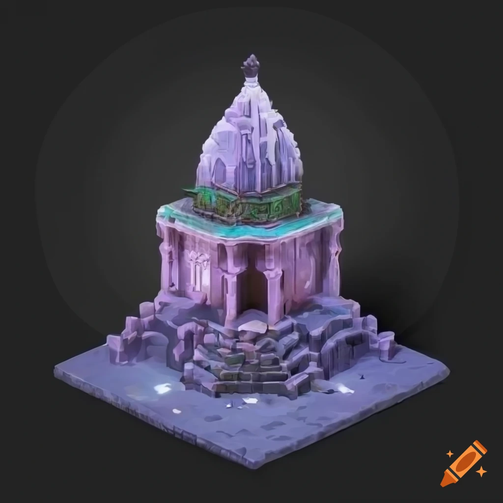 isometric diorama of a European inspired temple with fog