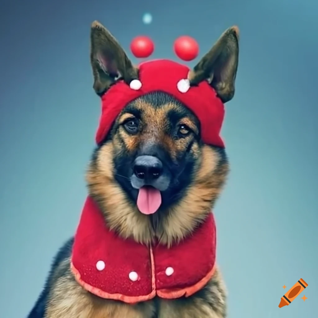 German shepherd dressed as rudolph