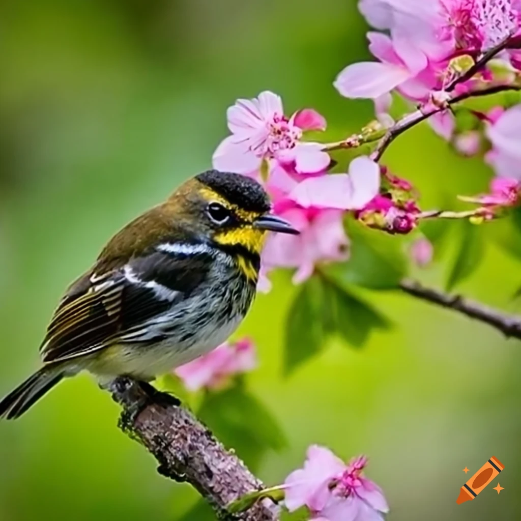 Photo of a bird on a branch of pink flowers on Craiyon