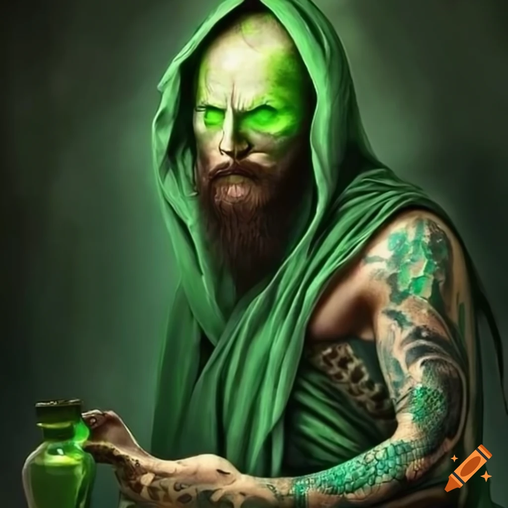  Man in black and green robes with a snake tattoo on Craiyon