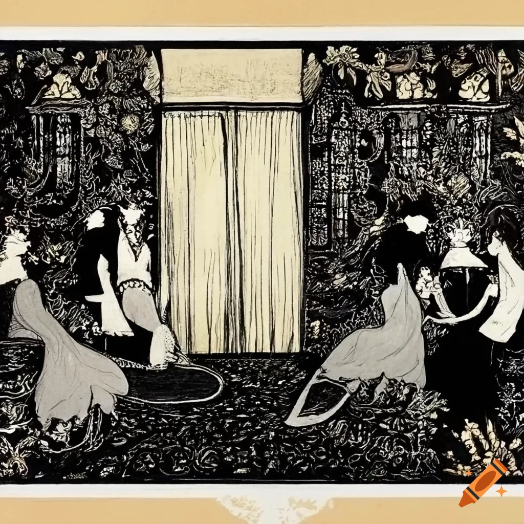 Aubrey Beardsley style illustration of a funeral scene