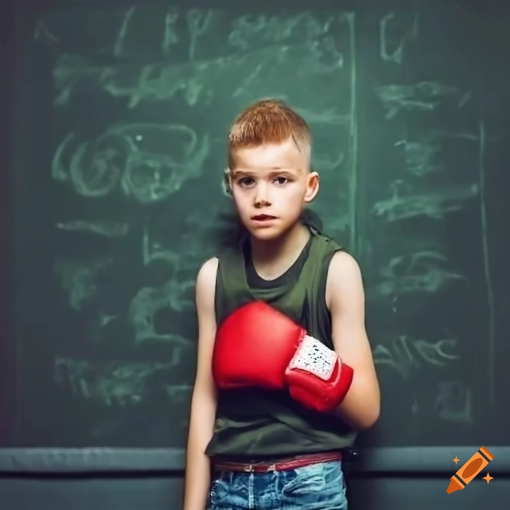 high school kid wearing boxing gloves and studded vest
