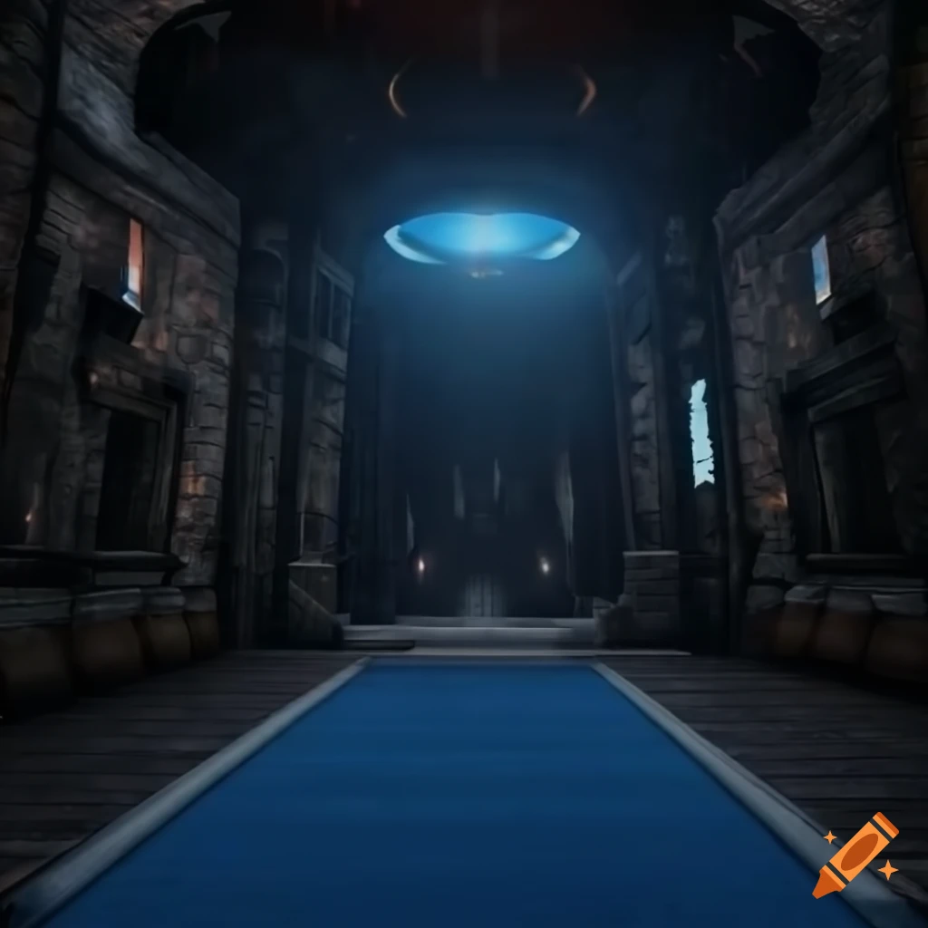 sci-fi indoor scene with blue torches in a dark forest