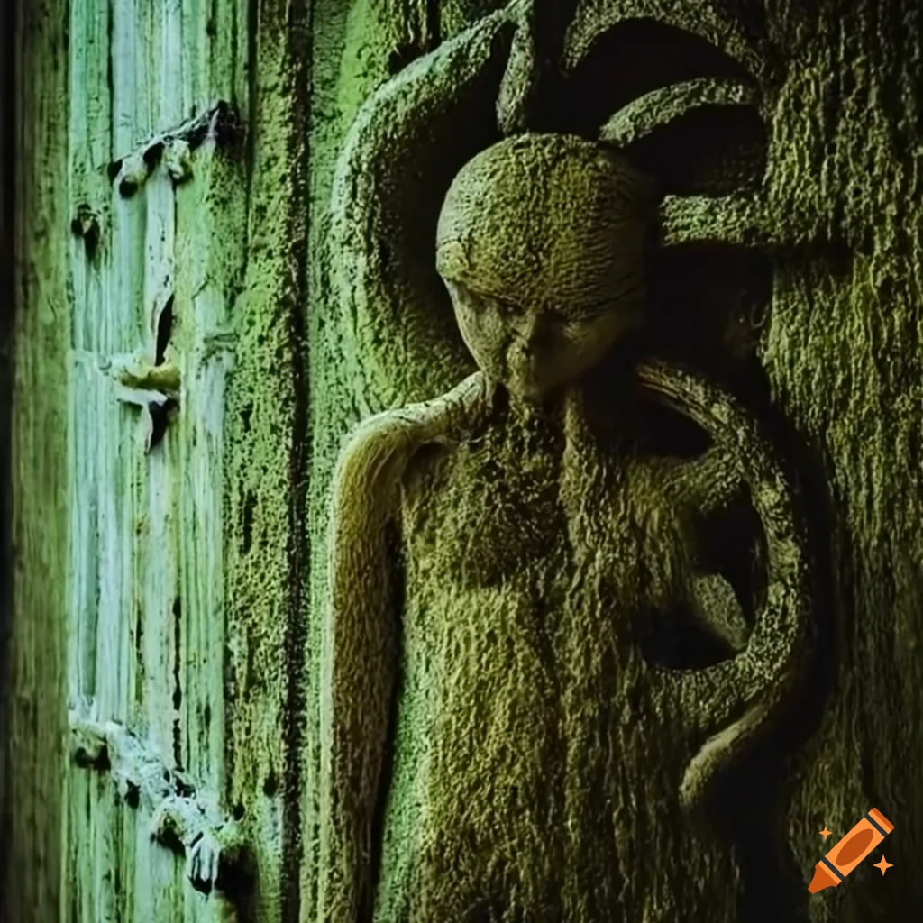 moss-covered doors with engravings of Sun and Moon