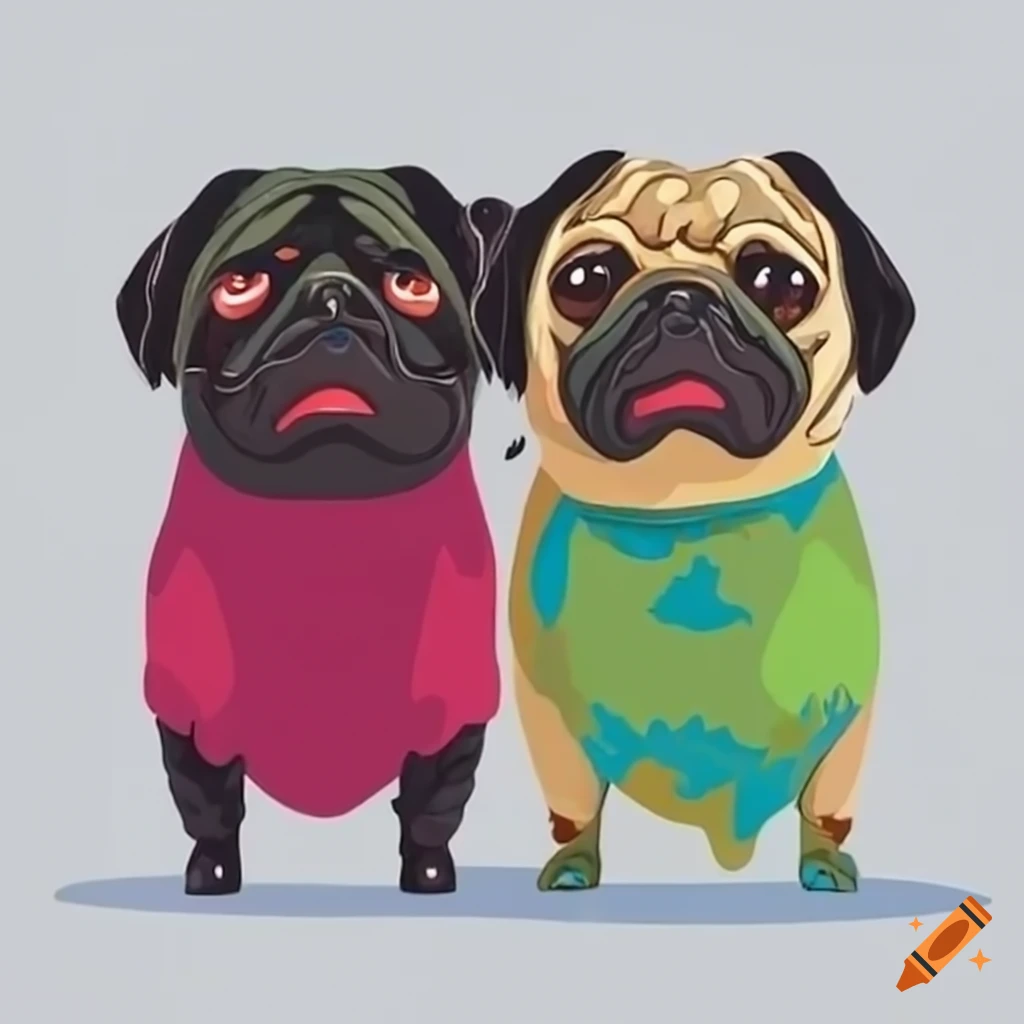 Two pugs panting happily on a mountain