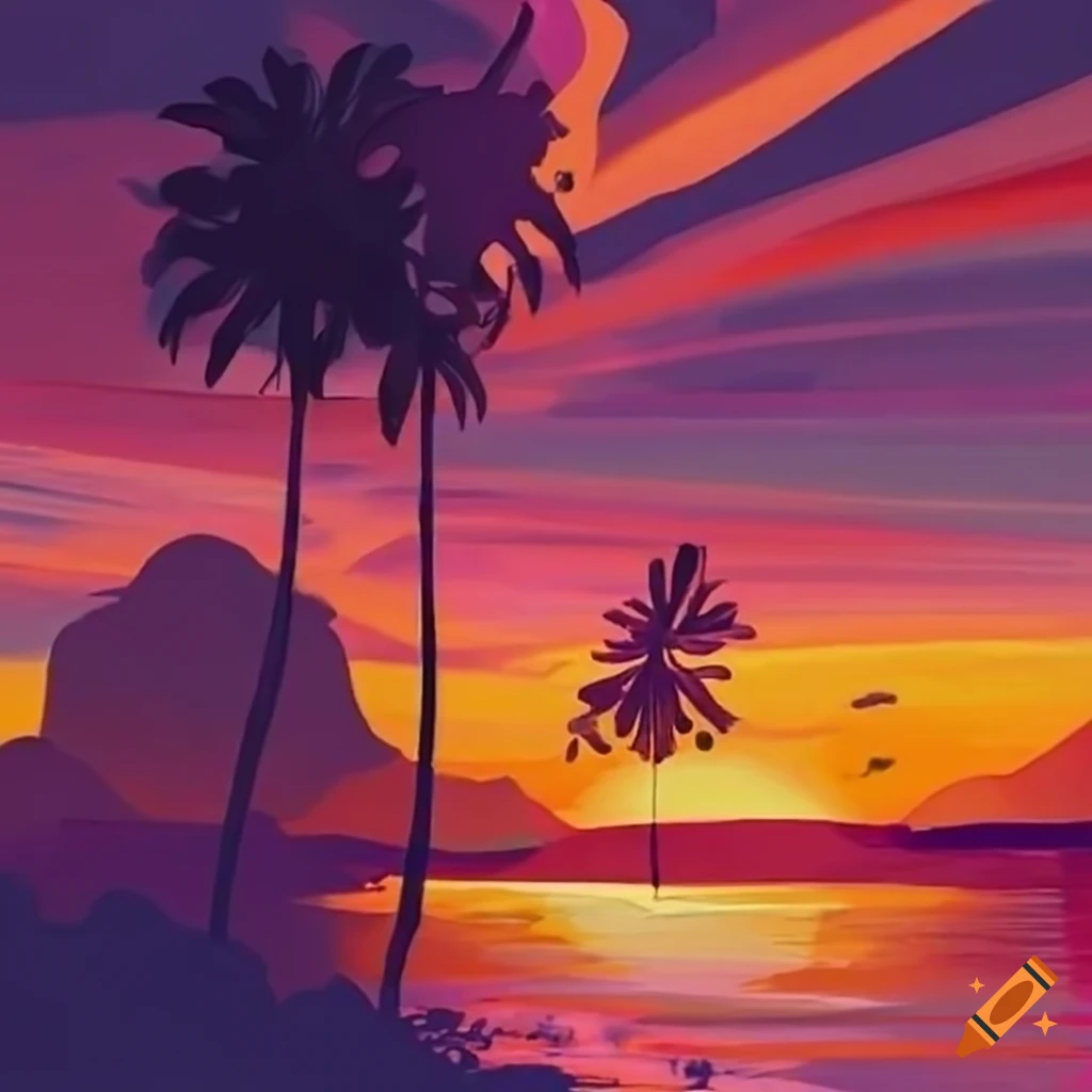 Bay lo fi aesthetic wallpaper. Sunset near ocean. Small island. Beach with  palm tree and sand 2D vector cartoon landscape illustration, purple lofi  background. 90s retro album art, chill vibes 27570062 Vector