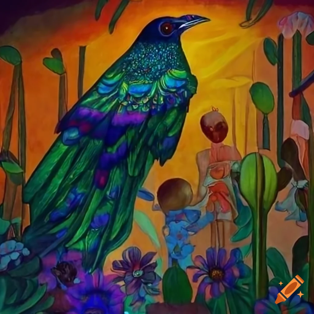 Diego Rivera illustration of a raven in a colorful cloak walking in a forest garden