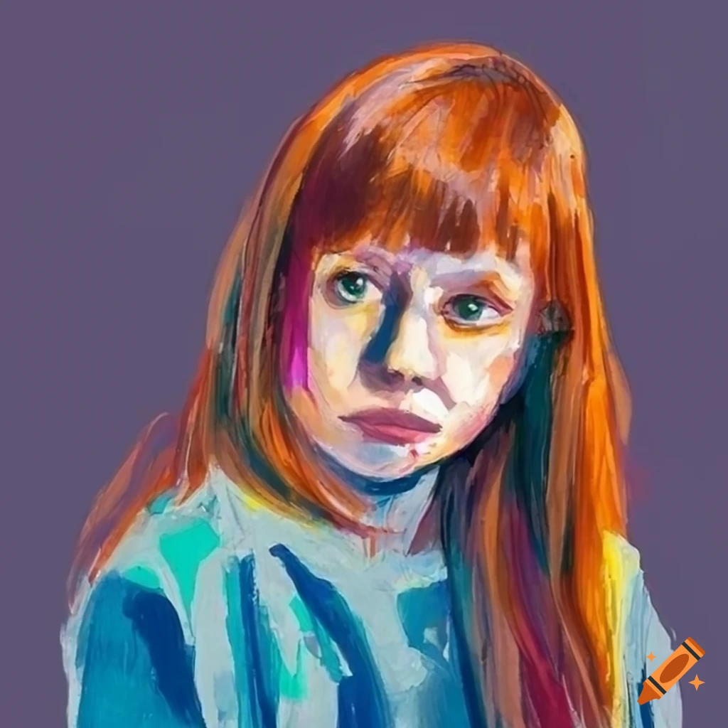 crayon portrait of a red-haired girl against an industrial background