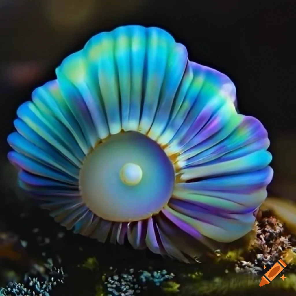 realistic giant iridescent seashell and anemone