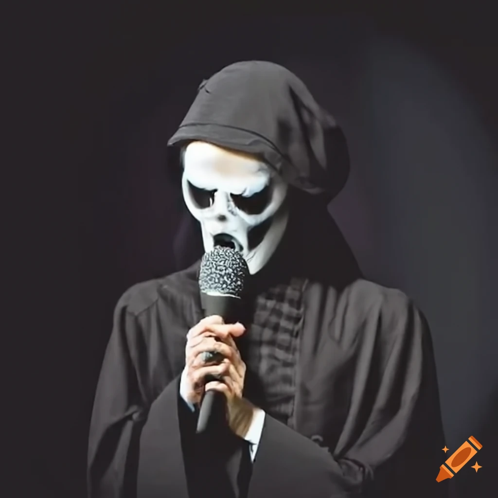 Singer of a ghost rock band performing in concert on Craiyon