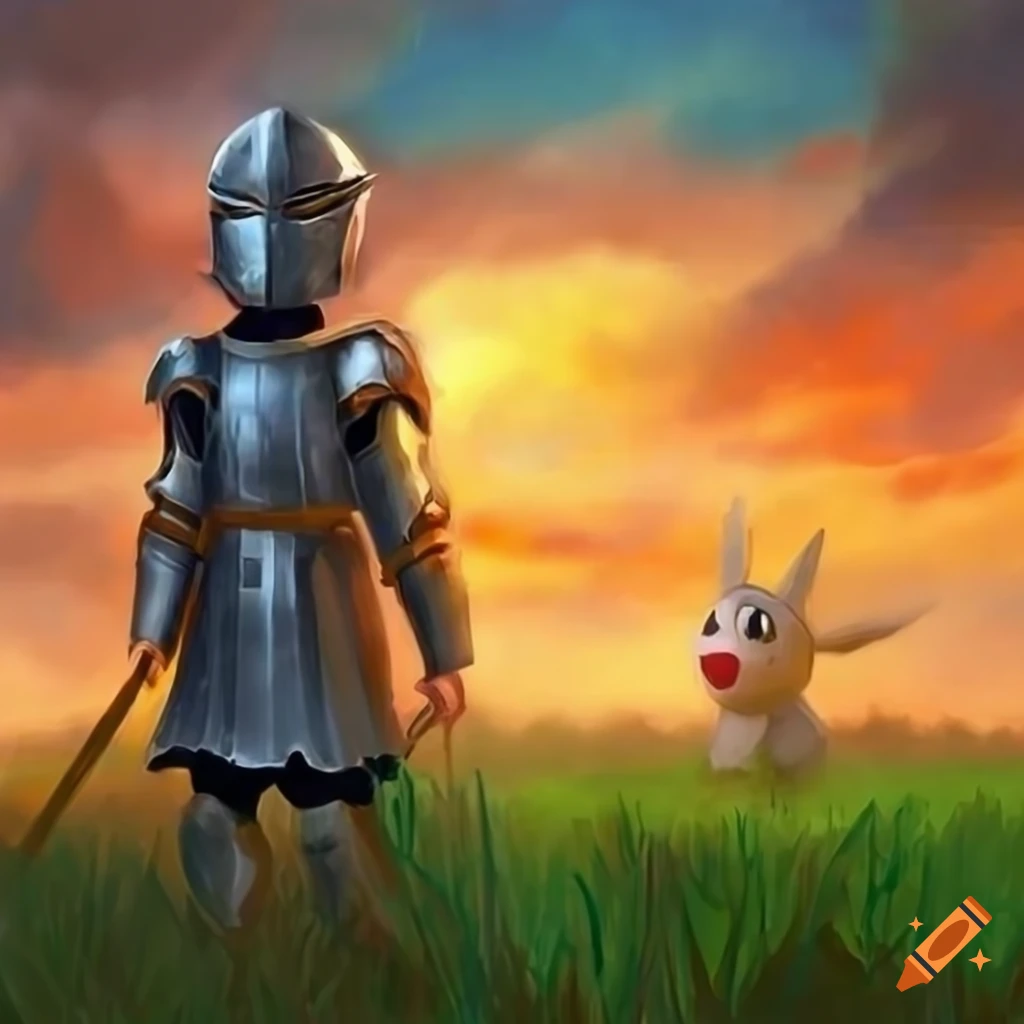 Painting of a boy in silver knight armor in a grassy field on Craiyon