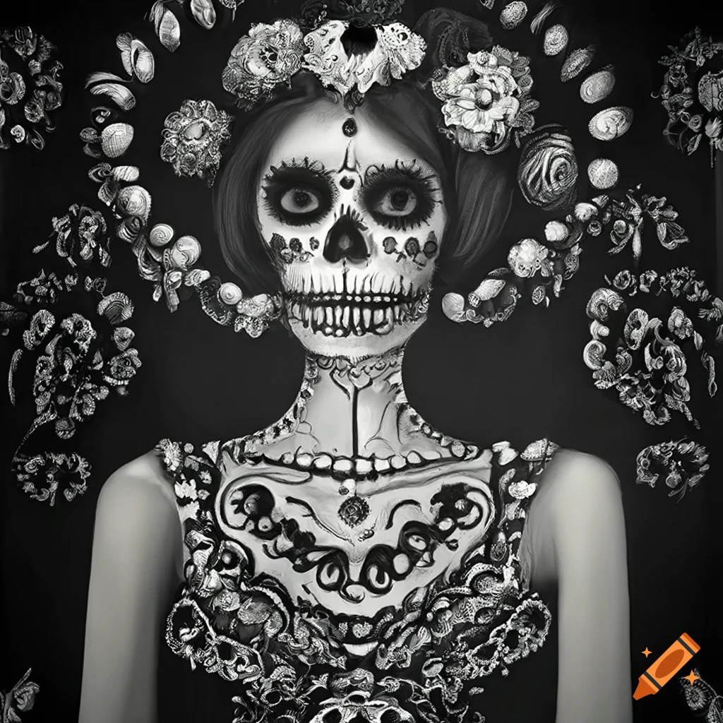 intricate black and white image of a Mexican Catrina