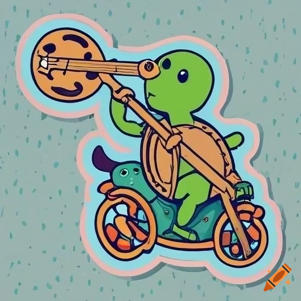 Sticker art of a musical turtle riding a motorcycle
