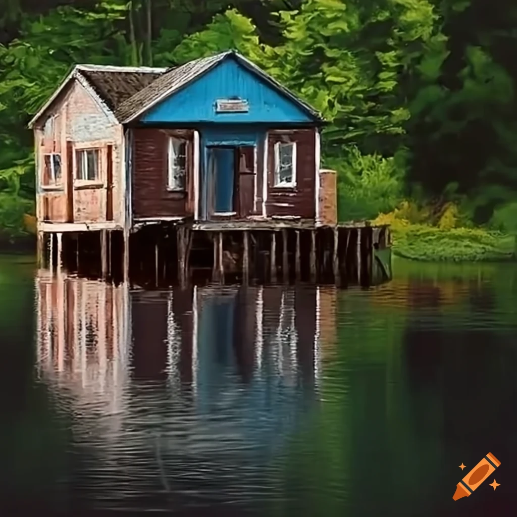 Painting of a boathouse by the water