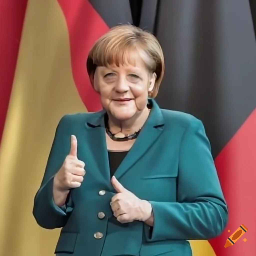Angela merkel giving a thumbs up with german flag