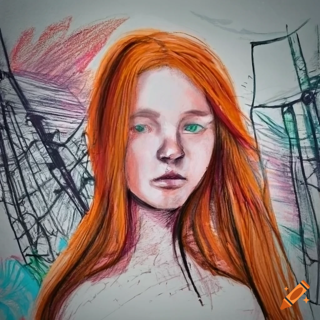 Crayon drawing of a girl with red hair in an industrial landscape on