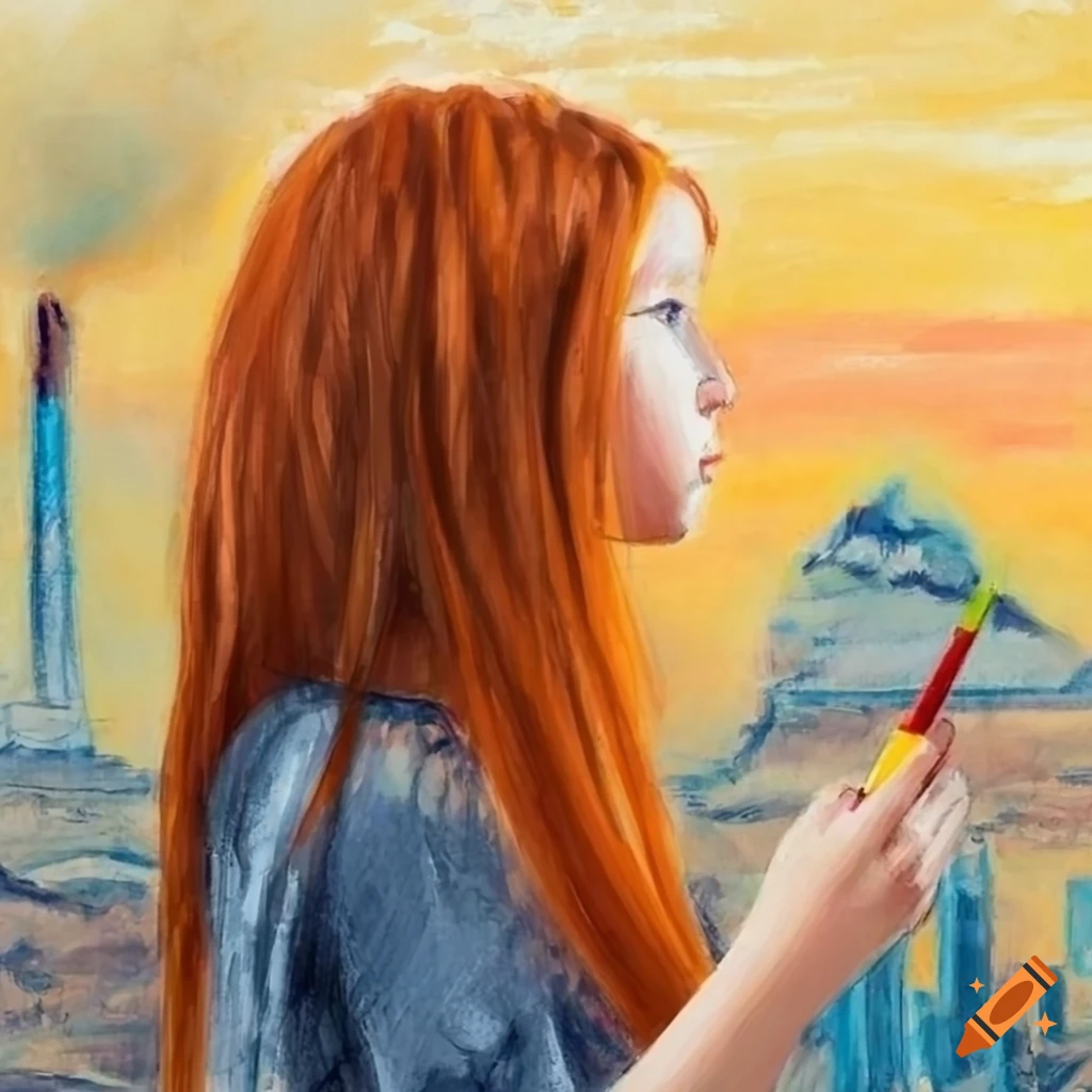 crayon drawing of a girl with red hair against industrial landscape