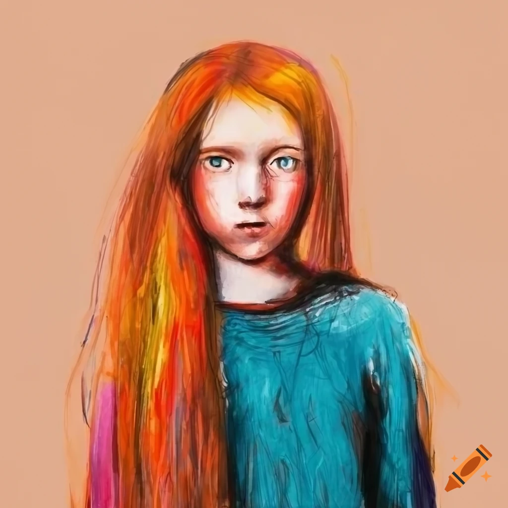 Crayon drawing of a girl with red hair in an industrial landscape