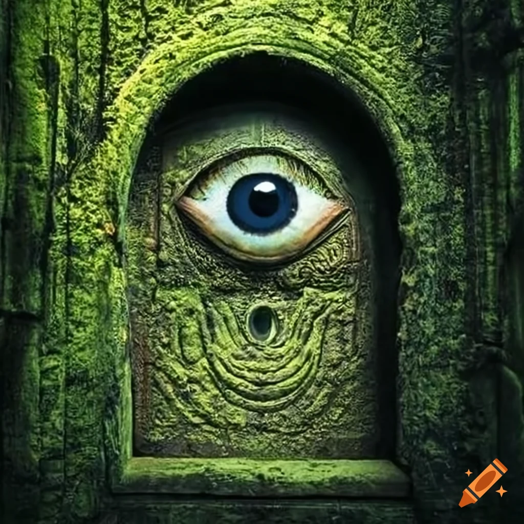 Moss-covered door with the symbol of the all-seeing eye