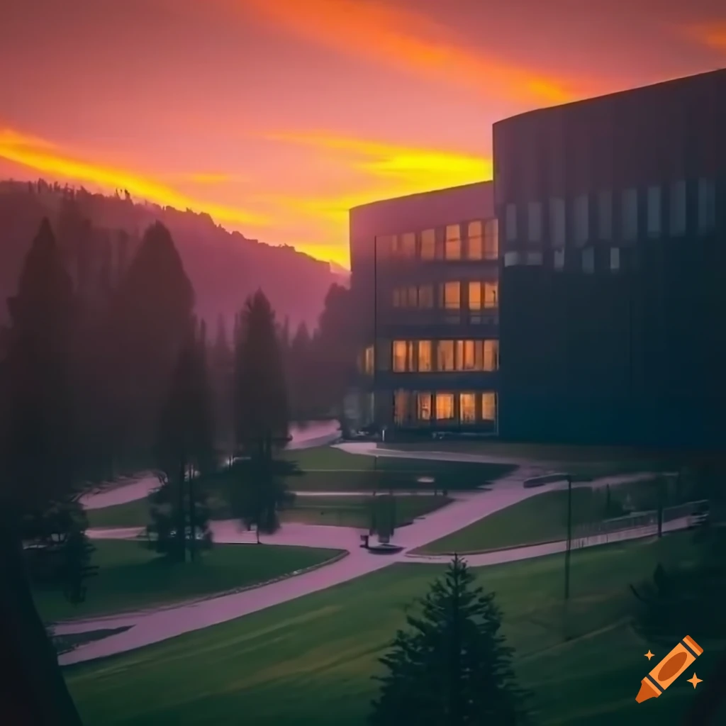 sunset view of a futuristic college campus