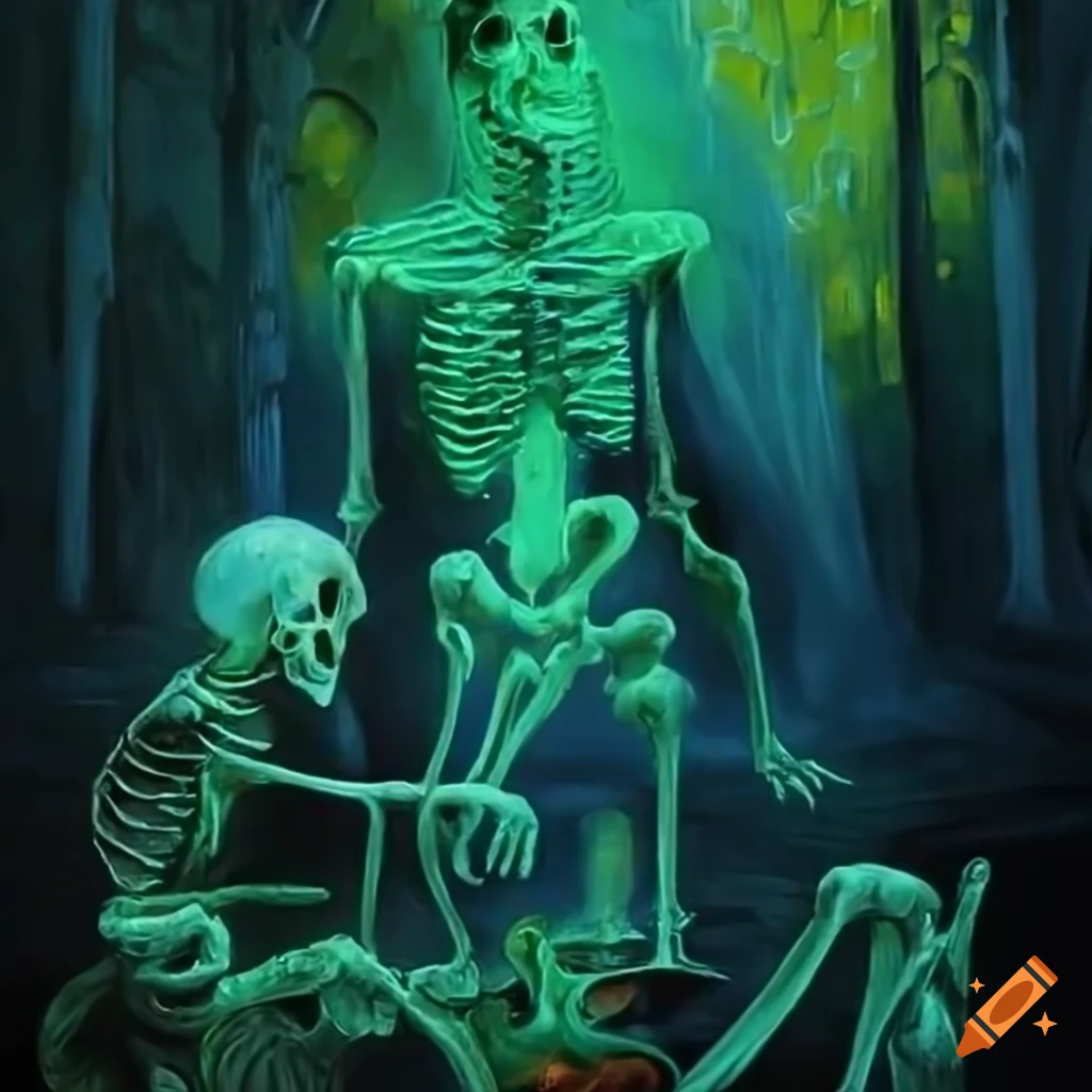 oil painting of glowing green skeletons at a campfire