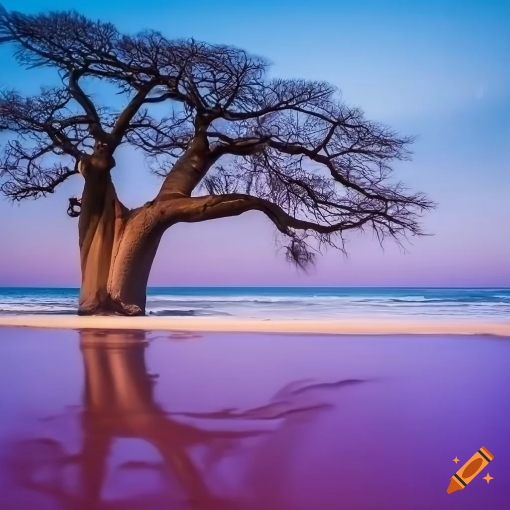 photo of a purple sand beach with turquoise sea and baobabs