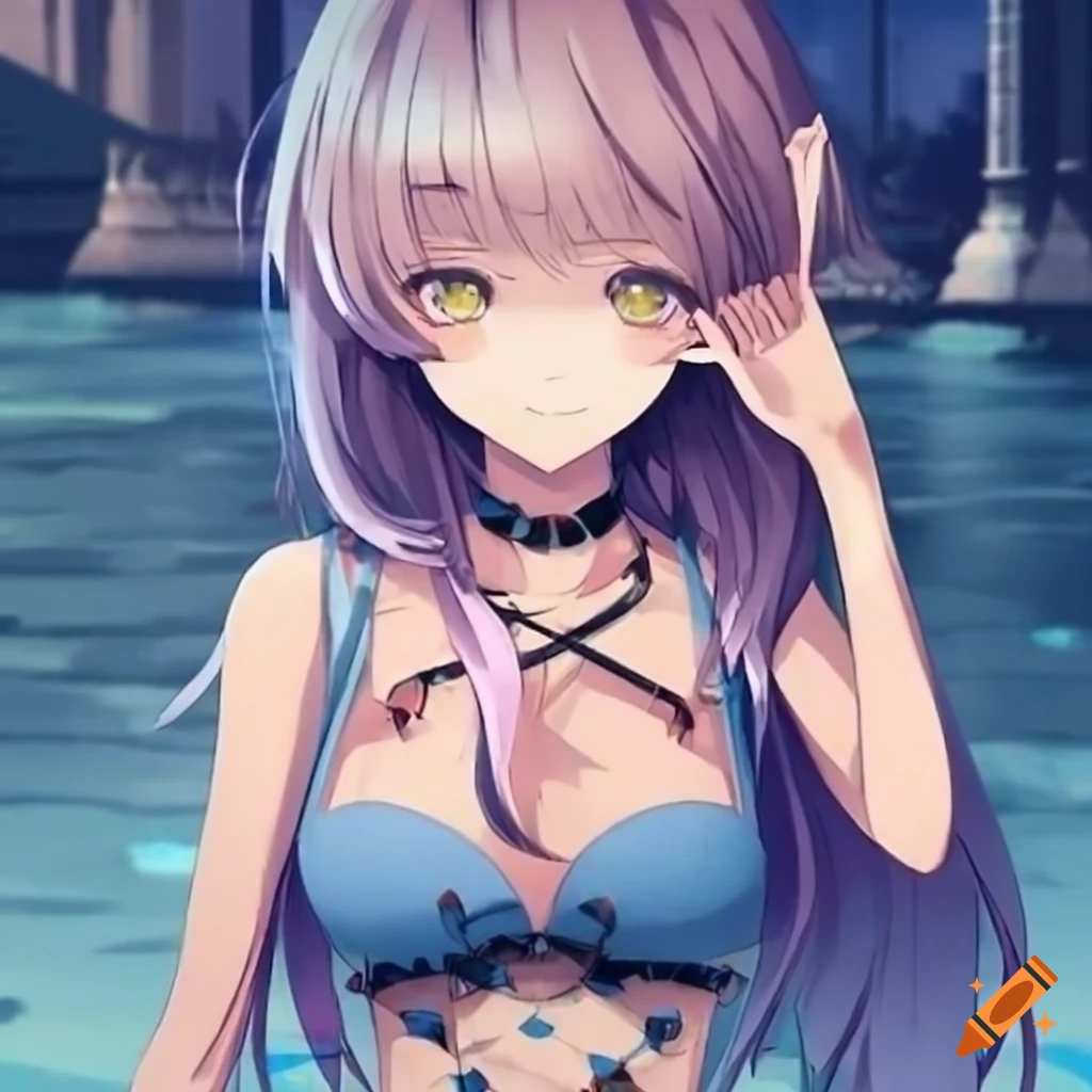 Cute anime girl with purple hair with blue highlights and green eyes