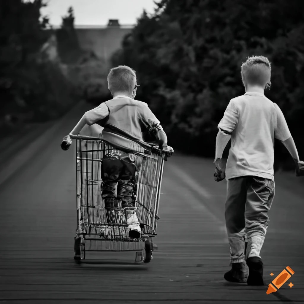 Boys racing in a shopping cart downhill on Craiyon