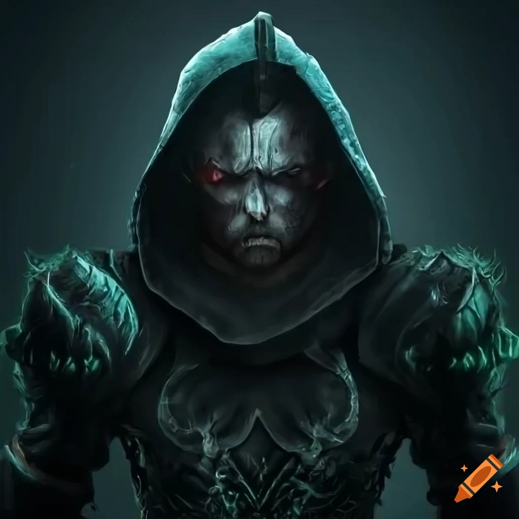 dark fantasy depiction of a powerful man in black armor